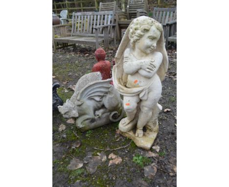A COMPOSITE GARDEN FIGURE OF A PUTTO, height 80cm, together with a composite mythical creature (2)