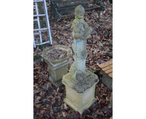 A COMPOSITE ORIENTAL GARDEN FIGURE OF A SEATED BOY, on a foliate and columned stand, marked to back 'On Summer Song', height 