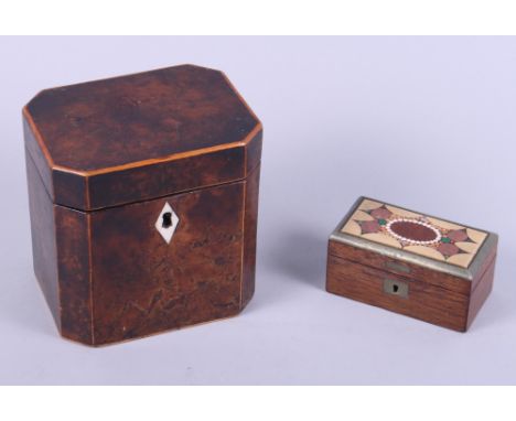 A 19th century yew wood and box strung tea caddy and a rosewood and brass box, set malachite, agate and other hardstones 