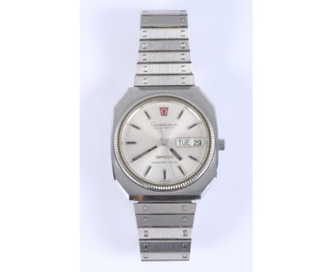 A stainless steel Omega Constellation chronometer wristwatch, with Megasonic 720 Hz movement, silvered dial with baton numera