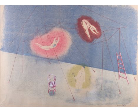 James Fitton: coloured lithograph, circus, in a pine frame, and Colin Sealey: a coloured print of a Comedia figure, in strip 