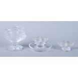 A Lalique frosted glass ashtray of two birds, one other Lalique frosted bird ornament and a lion