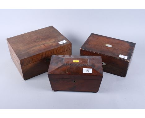 A 19th century rosewood jewel box, 19" wide, a mahogany tea caddy, 9" wide and a writing slope, 10 1/2" wide (for restoration