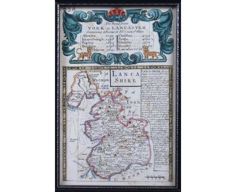 An 18th century hand-coloured map of Lancashire, road map verso, three other maps and an early 20th century silk picture of G