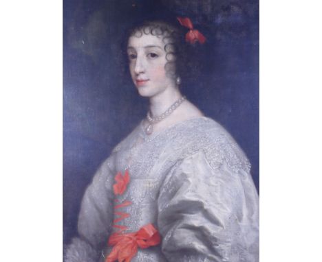 Circle of Henry Stone: 17th century oil on canvas, portrait of a woman in white silk and lace dress, said to be Queen Henriet