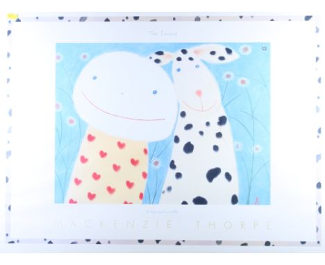 MacKenzie Thorpe: a colour print, "A Hug and a Cuddle", in pine frame, and a colour print, "Tenderness II", in carved gilt fr