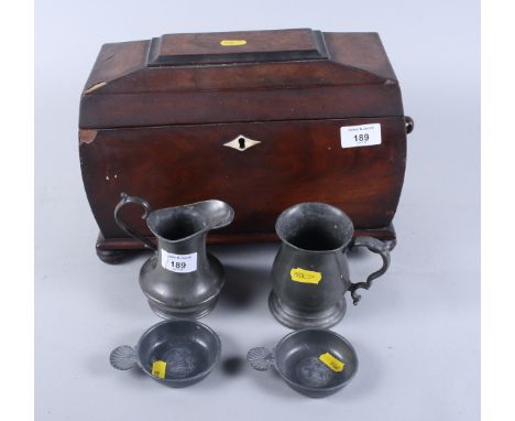 A 19th century mahogany sarcophagus-shaped tea caddy (a/f), a pewter tankard, a pewter jug and two taste vins 