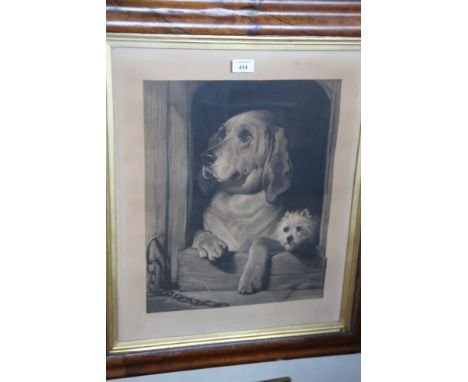 An early 20th century sepia print, "Dignity and Impudence" 22x18", in a walnut cushion frame, and a coloured print, waterlili