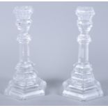 A pair of mid 20th century Tiffany & Co hexagonal glass candlesticks, 8" high