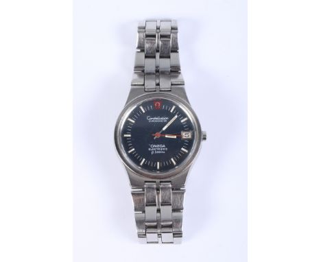 A stainless steel Omega Constellation chronometer wristwatch with electronic F300 Hz movement, navy dial with baton numerals 