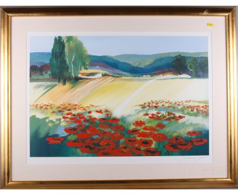 Jahn: a pair of colour prints, poppy fields, in gilt frames, a colour print, "Oriental Poppies", in strip frame and another p