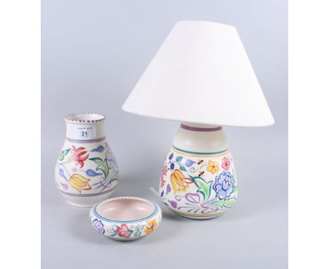 A Poole pottery table lamp, together with two other pieces of Poole pottery 