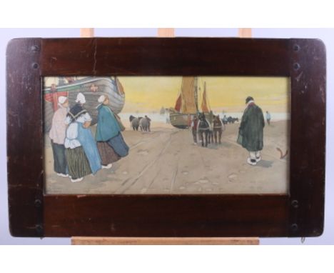 A French colour print, by H Cassiers?, coastal scene, in Liberty &amp; Co frame, complete with labels 