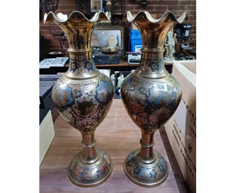 PAIR OF BRASS ENAMEL INLAID VASES, 20" HIGH