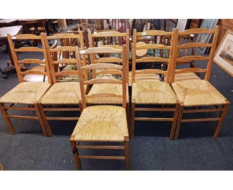 6 LADDER BACK RAFFIA SEATED PINE KITCHEN CHAIRS
