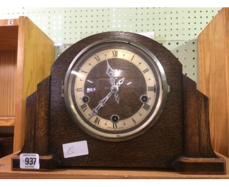 OAK CASED MANTEL CLOCK, RETAILED BY E BOYCE OF EXMOUTH WITH WESTMINSTER CHIME