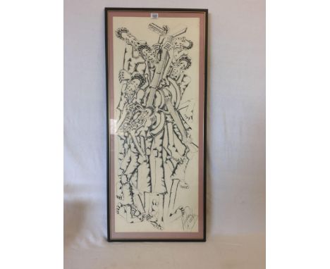 AARON BUDA. PEN AND INK DRAWING OF A JAZZ BAND. SIGNED. 41” X 17”