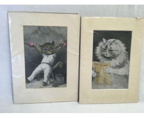 LOUIS WAIN. TWO COLOUR CAT PRINTS. READING THE NEWS AND THE BOXER. UNFRAMED BUT IN CLEAN MOUNTS. A PAIR  11” X 8”