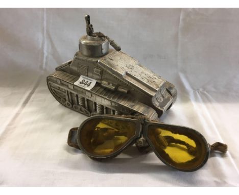 A DESK TOP WHITE METAL CIGARETTE LIGHTER OF A RENAULT TANK POSSIBLY BY RONSON WITH ASHTRAY &amp; CIGARETTE STORAGE SPACE &amp