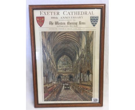 OLD COLOUR PRINT DATED 1933, CELEBRATING THE 800TH ANNIVERSARY OF EXETER CATHEDRAL, 18" X 13"