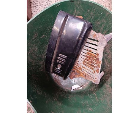 2 PLASTIC BUCKETS WITH WEIGH SCALE, CAST IRON HEARTH &amp; GUARD, FLAT IRON, WEIGHING BALANCE &amp; BRACKETS