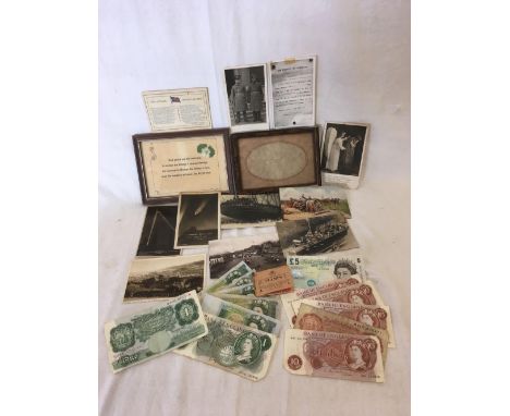 TUB WITH 2 SMALL F/G PICTURES, QTY OF POSTCARDS, VINTAGE POSTCARDS, A PACKET OF OLD ENGLISH £5 &amp; £1 CURRENCY NOTES &amp; 