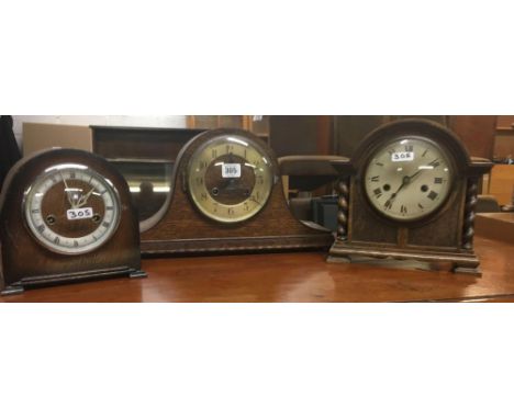 3 OAK MANTEL CLOCKS (ONE CLOCK A/F)