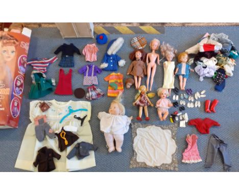 A vintage Tressy doll, Tressy clothing, mixed dolls, a doll's wardrobe, Faerie Glen and Patch clothing and a boxed Sheena dol