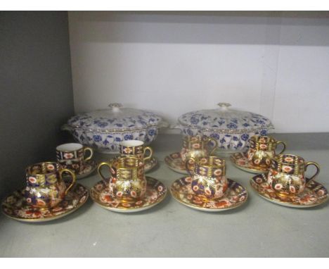 Two Spode tureens and covers, two Royal Crown Derby coffee cans and saucers, and six 19th century Imari pattern coffee cups o