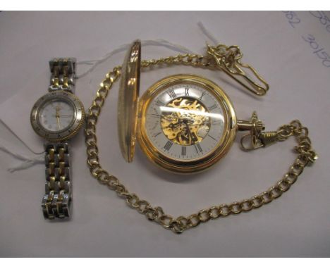 A gold coloured mount Royal full Hunter pocket watch and chain Location: cab, together with a ladies Beverley Hills Polo Club