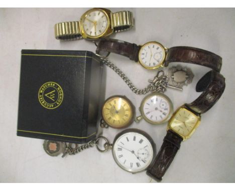 A group of watches to include a Victorian silver pocket watch (total weight 151.4g) with silver watch chain and fobLocation: 