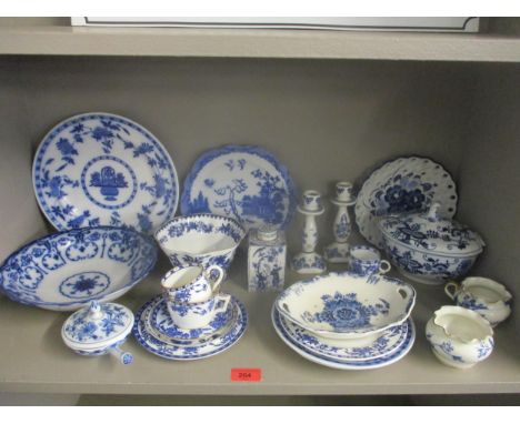 Blue and white ceramics to include a Dutch Delft tea caddy A/F, plates, cups, saucers, candlesticks and other itemsLocation: 