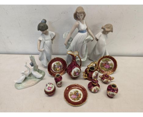 Mixed ceramic ornaments to include three NAO figures A/F of girls and a model of three ducks together with a quantity of Limo