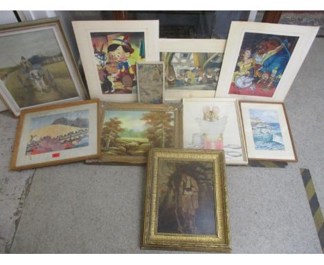 A group of pictures to include a 19th century oil on board of an elderly man holding a stick in a wooden landscape unsigned, 