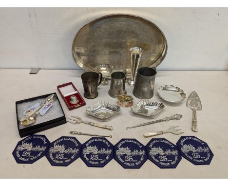 Mixed silver and silver plate to include a silver plated tray, tankard and dishes, silver cased caddy spoon, silver handled h