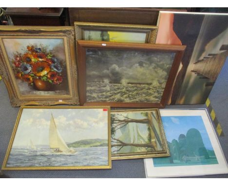 Mixed pictures to include an oil on canvas depicting a rough seascape, indistinctly signed to the lower right corner 64cm x 4