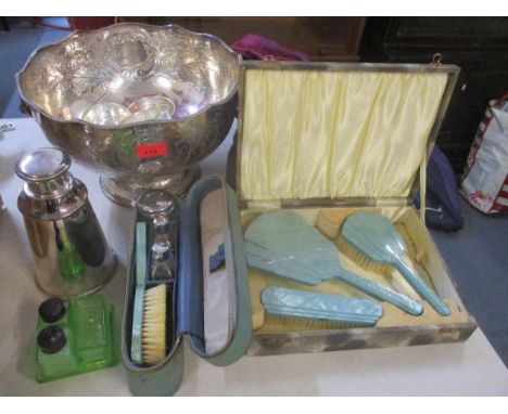 A mixed lot to include a silver plated punch bowl and four cups, an art deco thermos flask, cased dressing table set, a simil