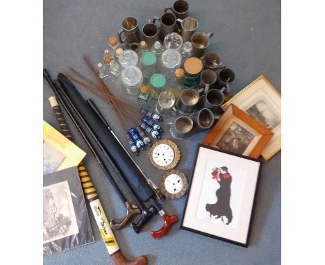 A mixed lot comprising pewter and other tankards, 1960's china handled bbq skewers, storage glass jars, a hockey stick, an um