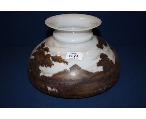 A white glass oil Lamp Shade, decorated with painting of a country landscape with a farmyard, cattle and sheep.