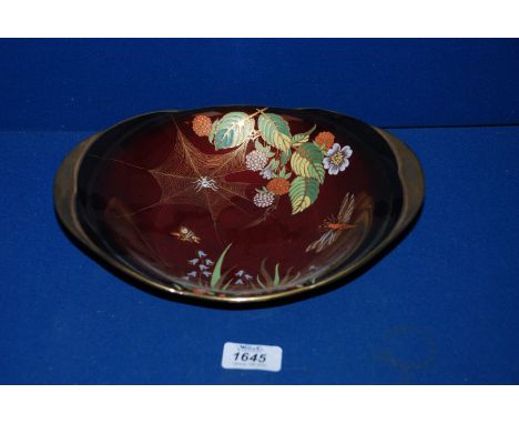 A Carltonware Rouge Royal Bowl with gilt handles, spiders web dragon fly and wild flower  design.  10'' diameter