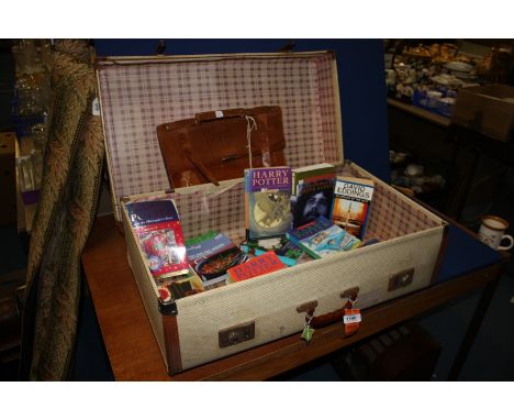 A light brown Leather Briefcase, a cream and brown leather vintage Suitcase plus quantity of books