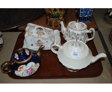 Three Teapots including Spode 'Billingsley Rose', Sadler etc., together with a Cheese Dish