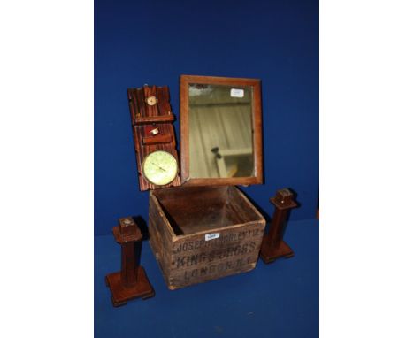 A quantity of treen including a pine box advertising Kings Cross Station in London by Joseph Thornley, a Mirror, Barometer et