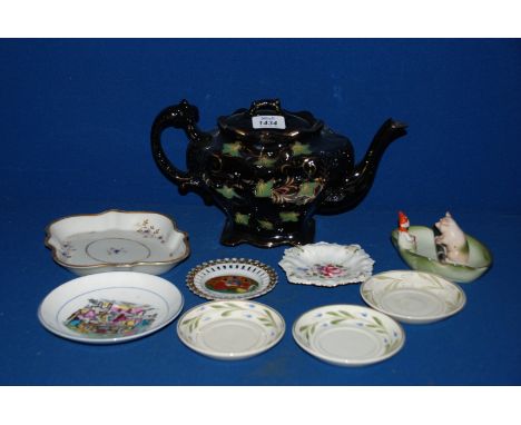 A quantity of Pin Dishes including Royal Crown Derby, Wedgwood, plus a pretty gilt, blue floral Dish and a Victorian black an