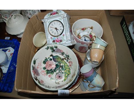 A quantity of china including two Masons 'Mancha' Plates, pastel lustre coffee Cups and Saucers, Myotts Bowl, Mantle Clock, '