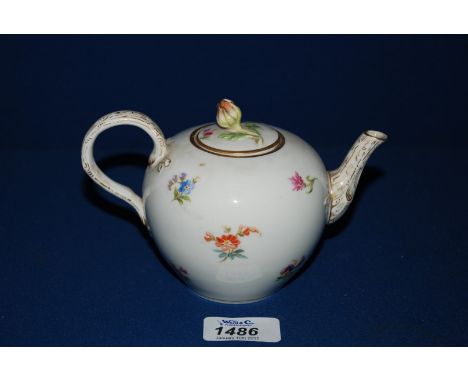 A Meissen Teapot with floral and gilt pattern, with flower bud finial to lid  