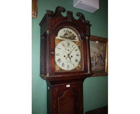 A Georgian Oak longcase Clock, having swan pediment and fluted detail to the hood with turned and fluted column supports flan