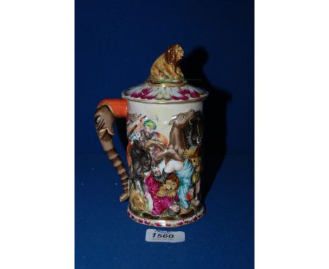 A Capo-di-Monte lidded Mug with embossed biblical scene, elephant trunk handle and lion finial