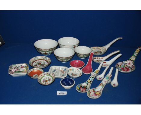 A quantity of modern Chinese Bowls, spoons, saucers and Dishes with assorted decoration.
