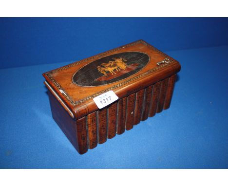 An olive wood Tea Caddy from Sorrento with hidden lock and key, also having a marquetry panel and border to the lid